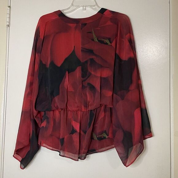 ALICE + OLIVIA Red floral chiffon cinch waist v-neck kimono sleeve blouse small - Picture 5 of 5
